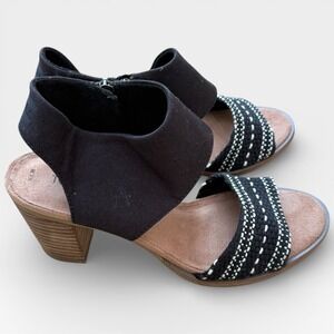 TOMS Majorca Sandal Women Size 7.5‎ Black Canvas High Heel Open Toe Zip Up